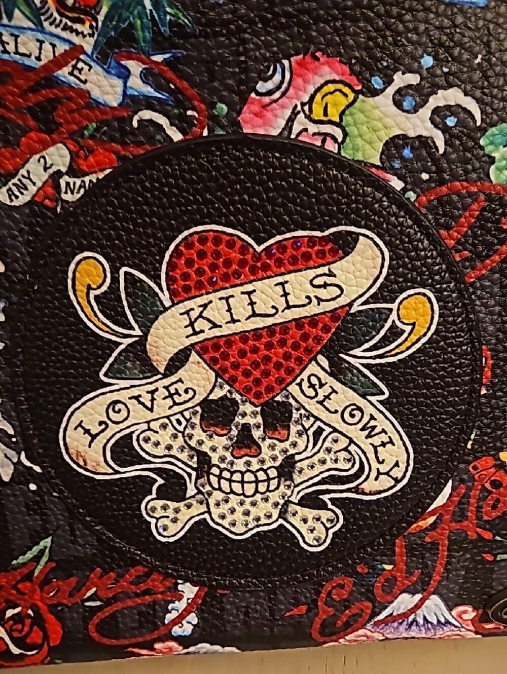 Ed Hardy Black Floral Skull Cosmetic Pouch with Red Heart Accent - Picture 4 of 7